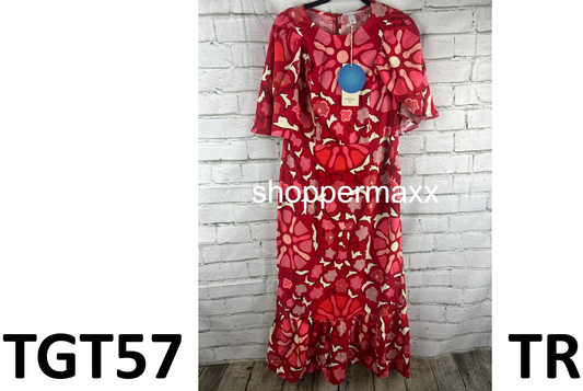 WOMEN'S LARGE ZINNIA FLORAL PRINT BELL SLEEVE MIDI DRESS - RHODE, RED/PINK, 8