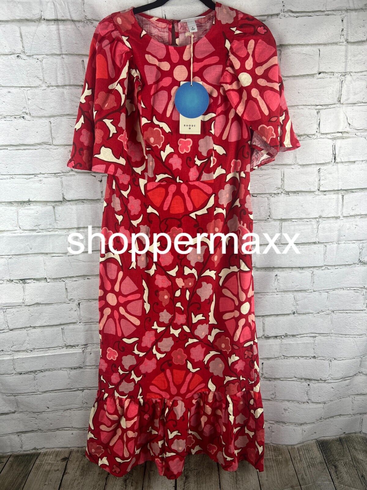 WOMEN'S LARGE ZINNIA FLORAL PRINT BELL SLEEVE MIDI DRESS - RHODE, RED/PINK, 8