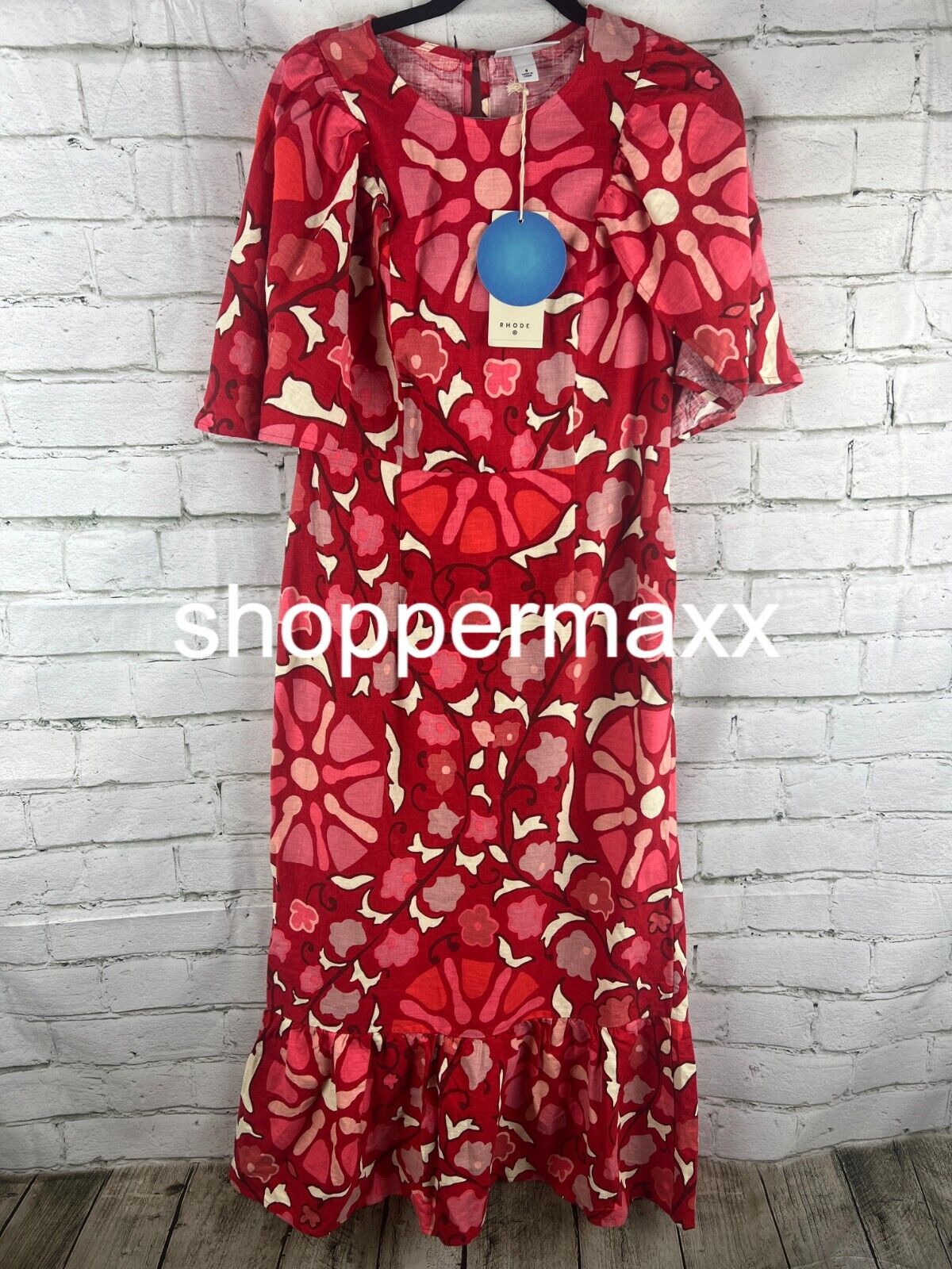 WOMEN'S LARGE ZINNIA FLORAL PRINT BELL SLEEVE MIDI DRESS - RHODE, RED/PINK, 8