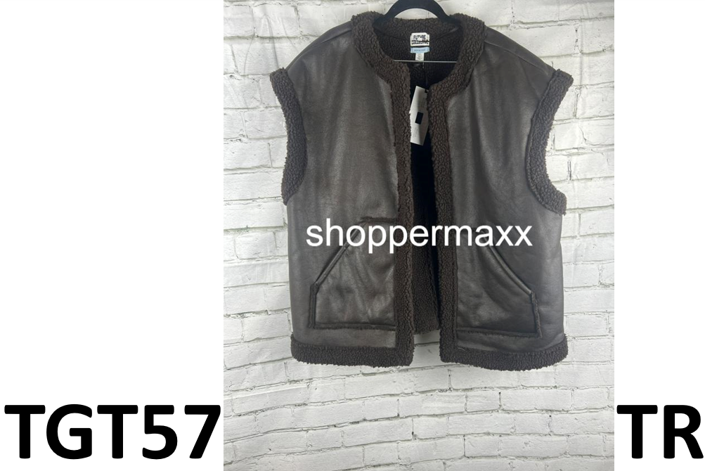 WOMEN'S FAUX SHEARLING LINED LEATHER VEST - FUTURE COLLECTIVE, DARK BROWN, XXL