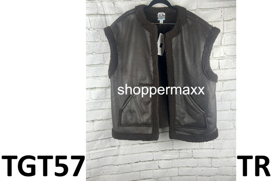 WOMEN'S FAUX SHEARLING LINED LEATHER VEST - FUTURE COLLECTIVE, DARK BROWN, XXL