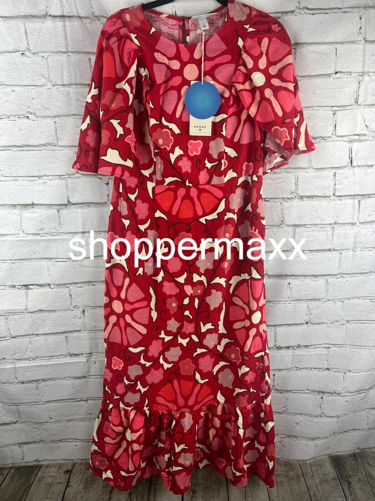 WOMEN'S LARGE ZINNIA FLORAL PRINT BELL SLEEVE MIDI DRESS - RHODE, RED/PINK, 8