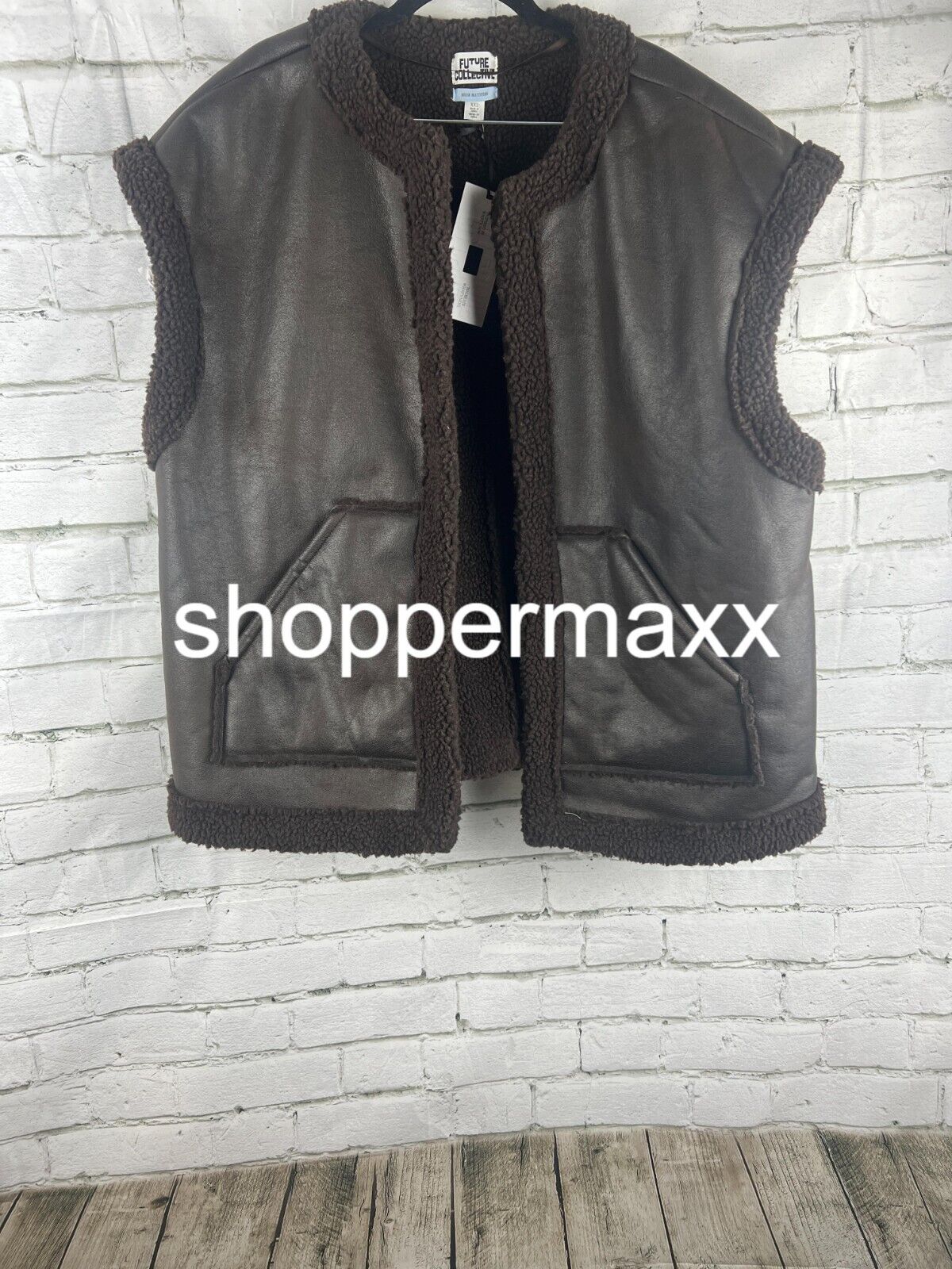 WOMEN'S FAUX SHEARLING LINED LEATHER VEST - FUTURE COLLECTIVE, DARK BROWN, XXL