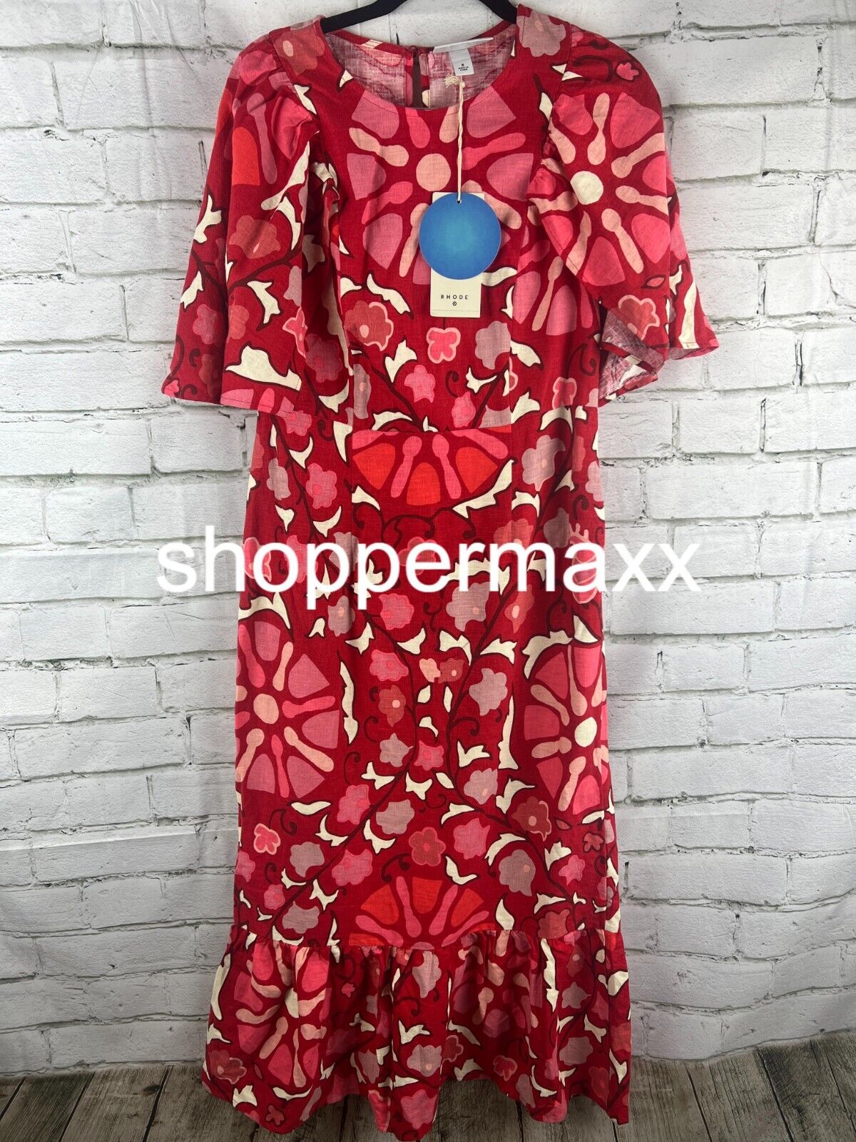 WOMEN'S LARGE ZINNIA FLORAL PRINT BELL SLEEVE MIDI DRESS - RHODE, RED/PINK, 8