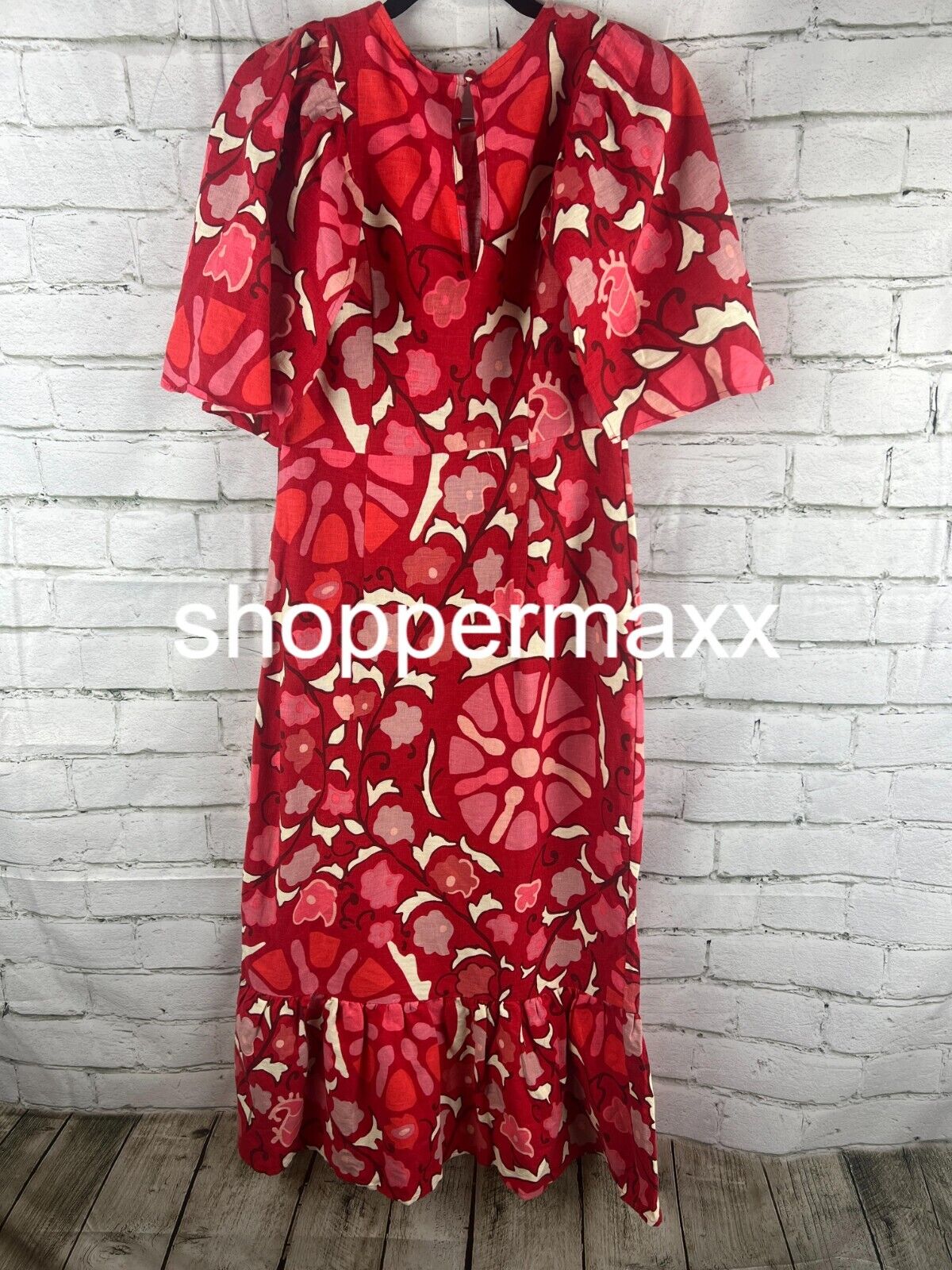 WOMEN'S LARGE ZINNIA FLORAL PRINT BELL SLEEVE MIDI DRESS - RHODE, RED/PINK, 8