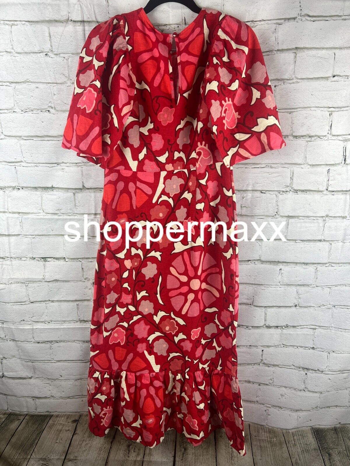 WOMEN'S LARGE ZINNIA FLORAL PRINT BELL SLEEVE MIDI DRESS - RHODE, RED/PINK, 8