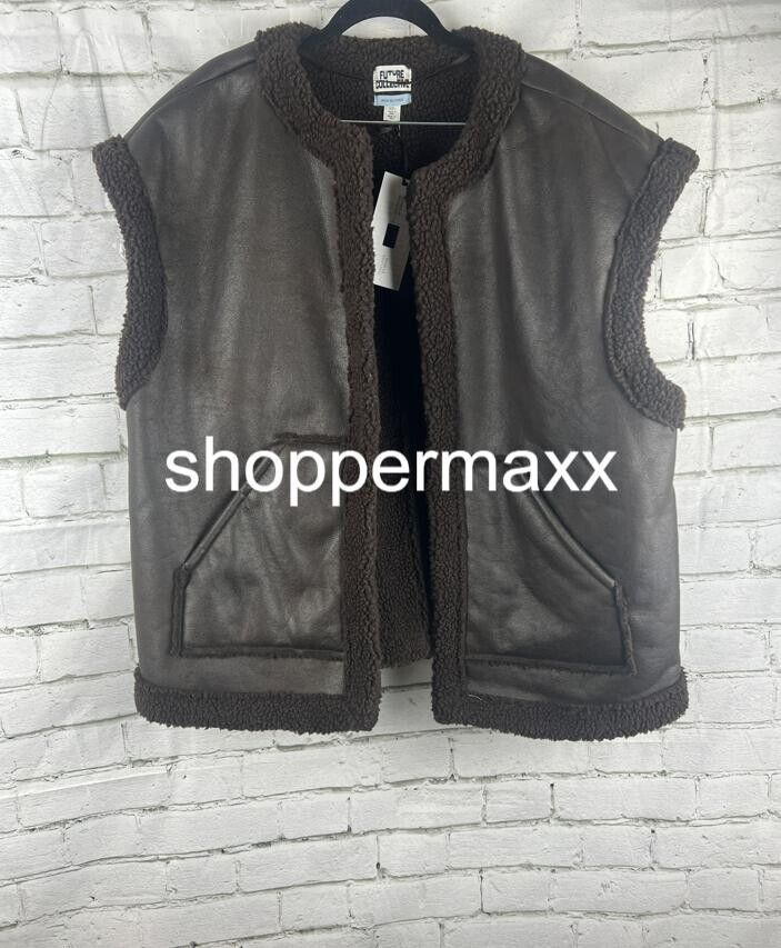 WOMEN'S FAUX SHEARLING LINED LEATHER VEST - FUTURE COLLECTIVE, DARK BROWN, XXL