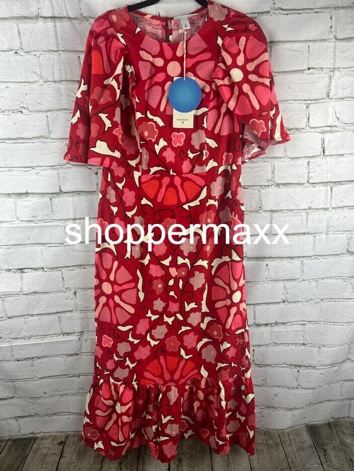 WOMEN'S LARGE ZINNIA FLORAL PRINT BELL SLEEVE MIDI DRESS - RHODE, RED/PINK, 8
