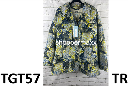 Women's Denim Floral Print Faux Shearling Jacket - Future Collective, XX-Large
