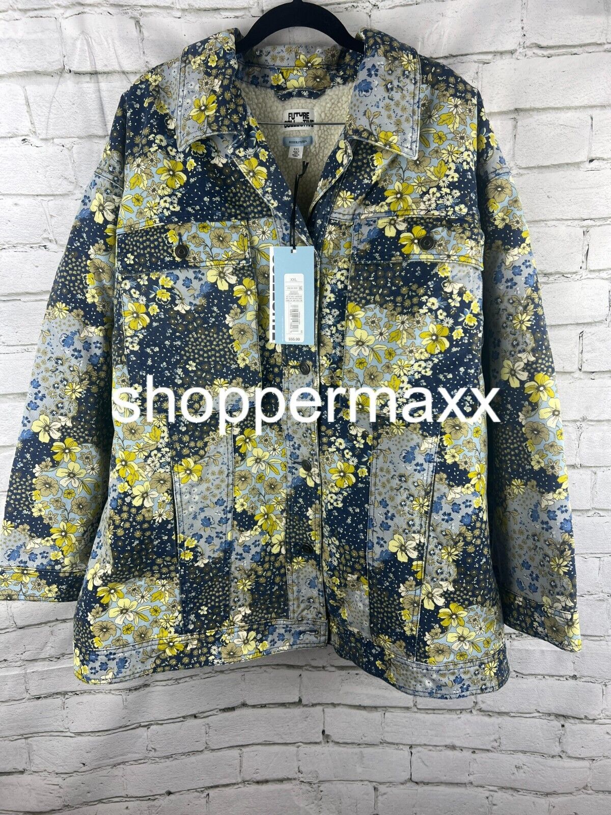 Women's Denim Floral Print Faux Shearling Jacket - Future Collective, XX-Large
