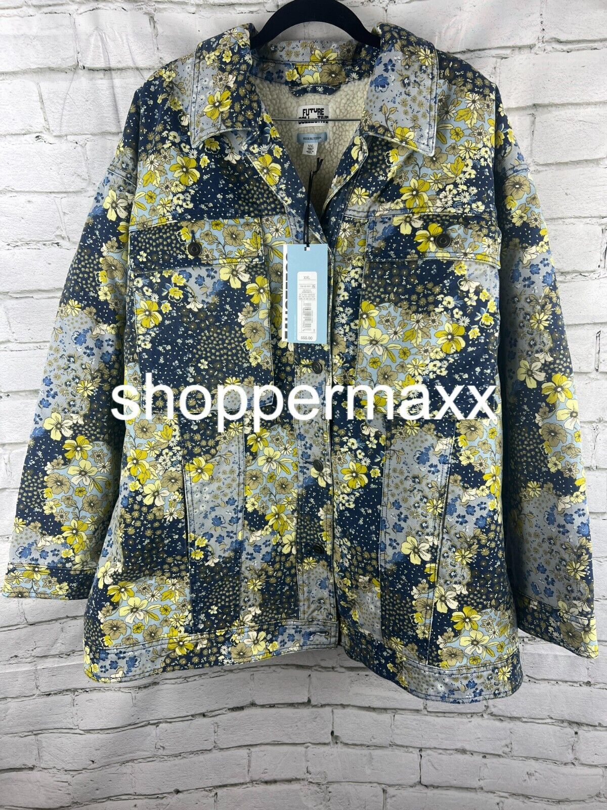 Women's Denim Floral Print Faux Shearling Jacket - Future Collective, XX-Large