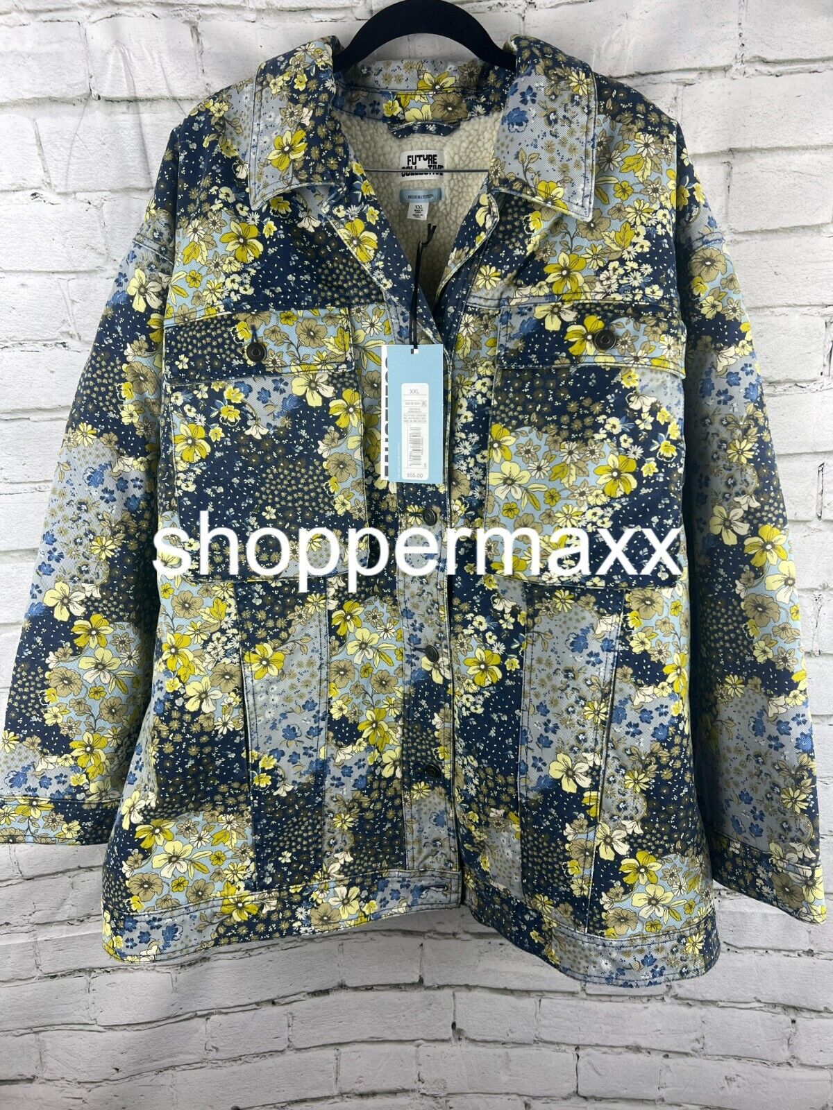 Women's Denim Floral Print Faux Shearling Jacket - Future Collective, XX-Large