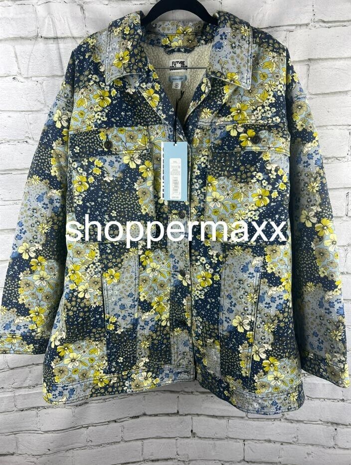 Women's Denim Floral Print Faux Shearling Jacket - Future Collective, XX-Large