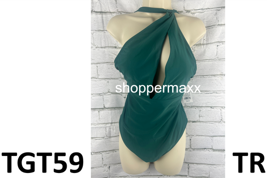 Women One Shoulder Plunge Cut Out 1 Piece Swimsuit- Shade & Shore, Green, Medium