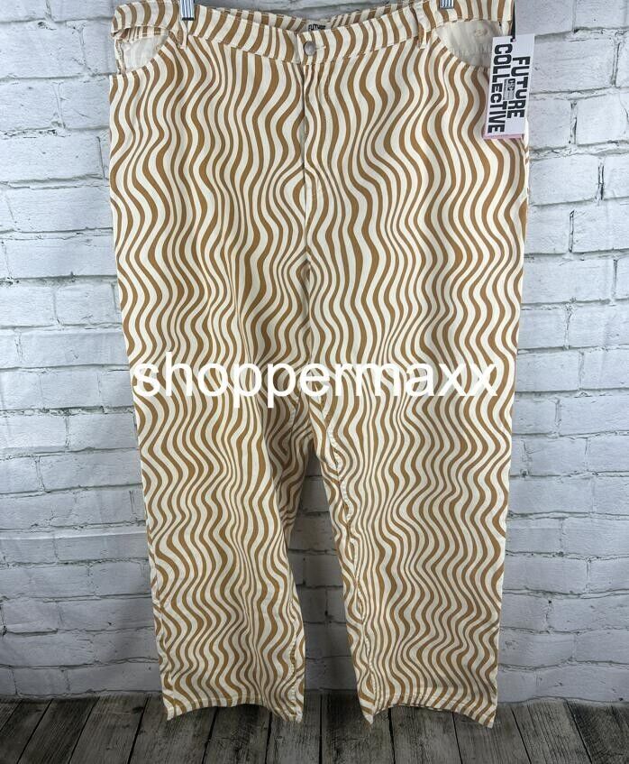 Women's Wave Print Cut Out Waist Straight Leg Jeans - Future Collective, Size 18
