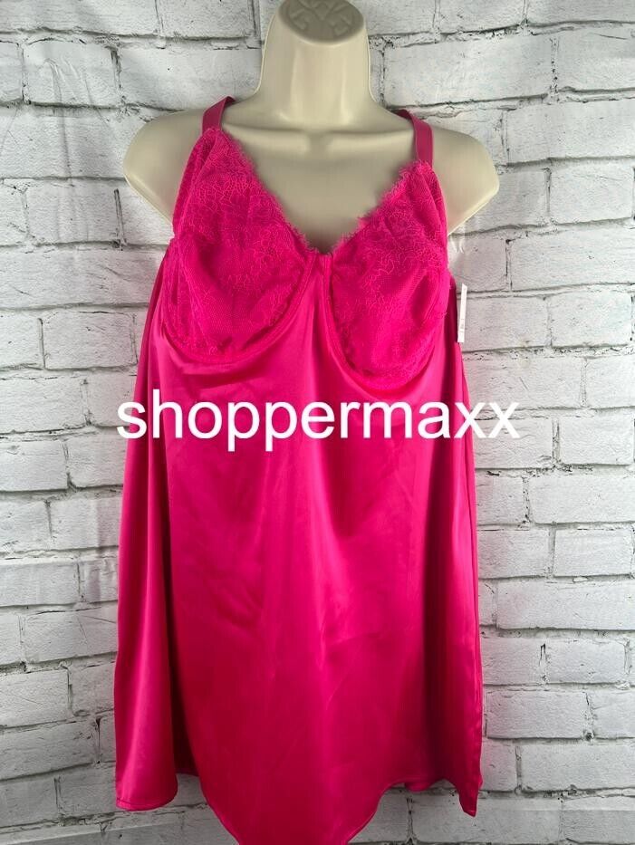 Women's Satin Lingerie Slip Dress with Keyhole Back - Auden - Pink, Size 2X