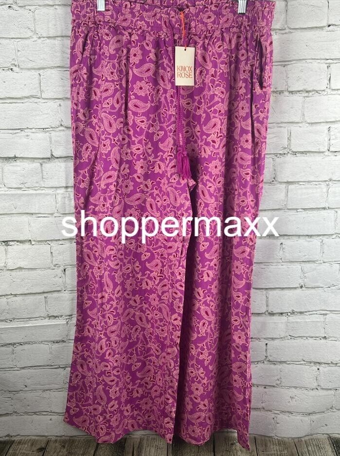 WOMEN'S RELAXED FIT WIDE LEG PANTS - KNOX ROSE, MAGENTA FLORAL, SIZE X-LARGE