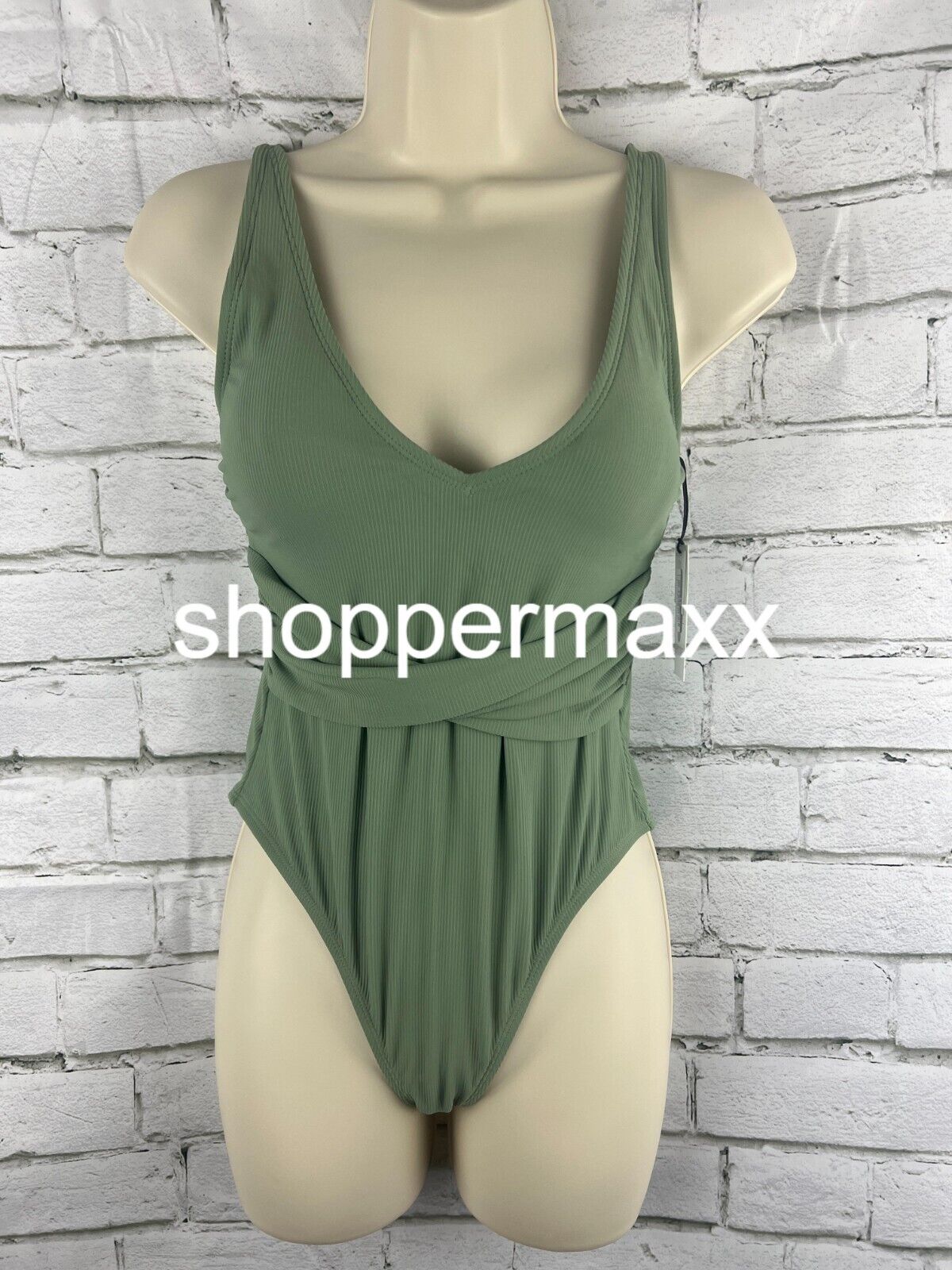 Women's Ribbed Plunge Twist-Front One Piece Swimsuit - Shade & Shore, Green XS