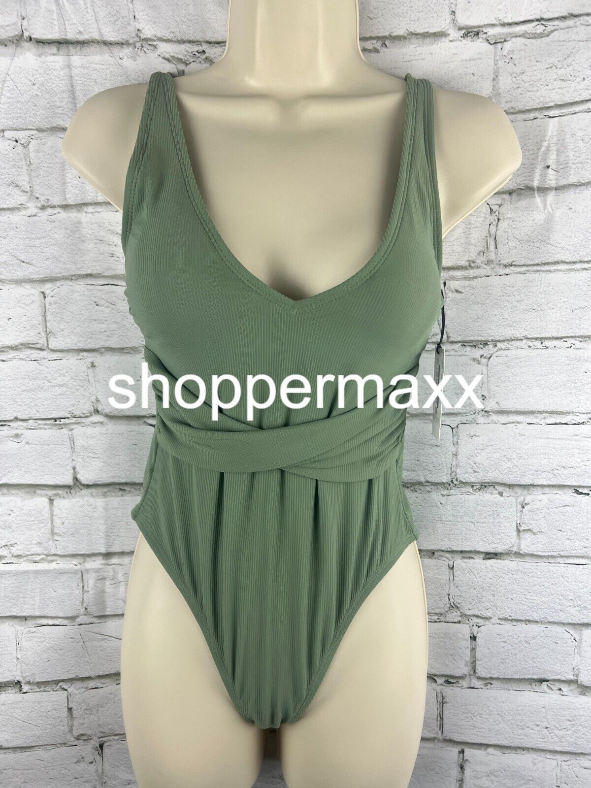 Women's Ribbed Plunge Twist-Front One Piece Swimsuit - Shade & Shore, Green XS