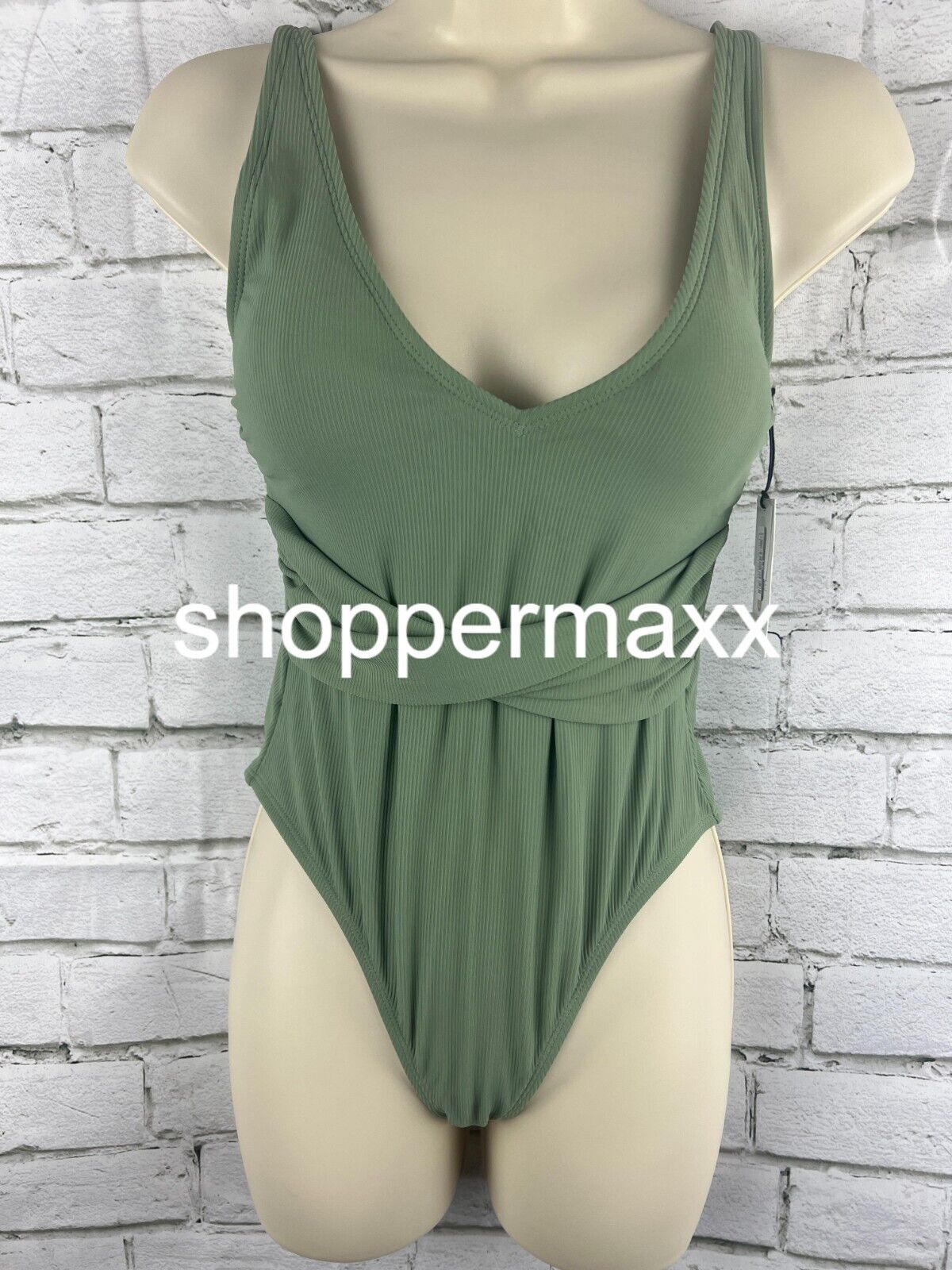 Women's Ribbed Plunge Twist-Front One Piece Swimsuit - Shade & Shore, Green XS