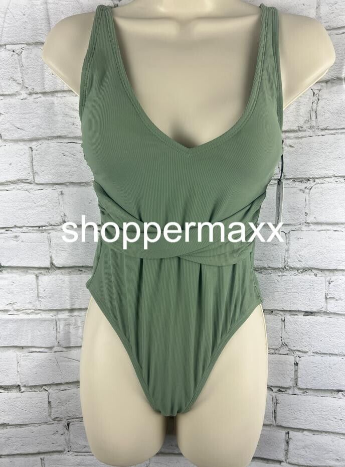 Women's Ribbed Plunge Twist-Front One Piece Swimsuit - Shade & Shore, Green XS
