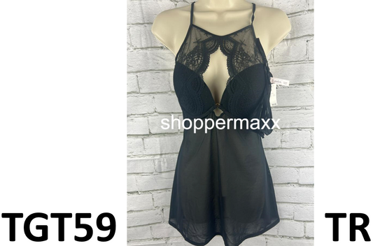 Auden High Neck Lacy 2 Piece Babydoll Lingerie Set, Black, Size Medium
