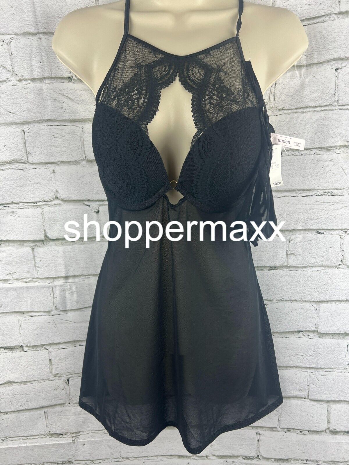 Auden High Neck Lacy 2 Piece Babydoll Lingerie Set, Black, Size Medium