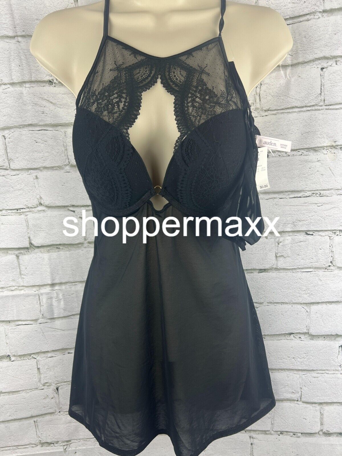 Auden High Neck Lacy 2 Piece Babydoll Lingerie Set, Black, Size Medium