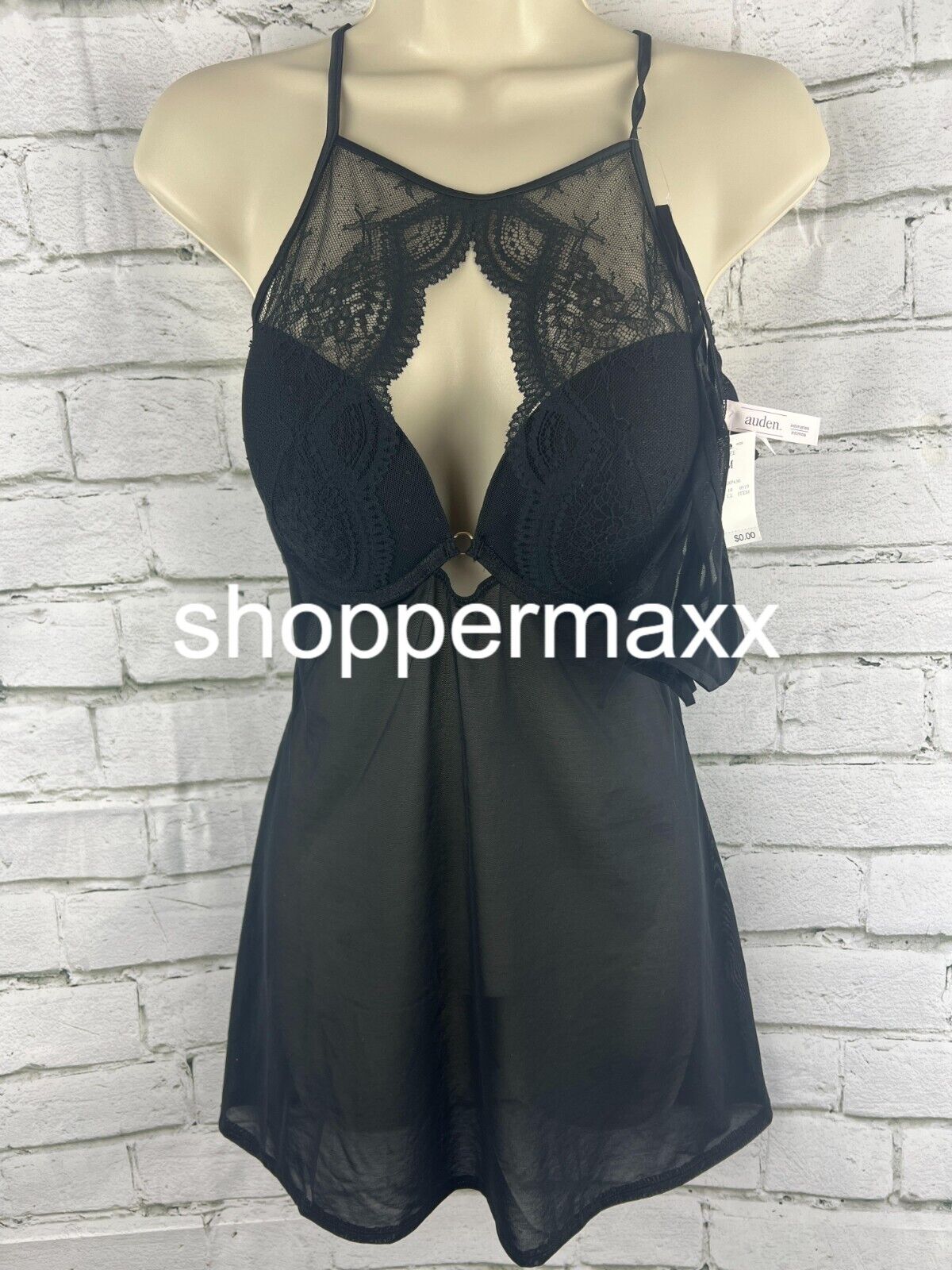 Auden High Neck Lacy 2 Piece Babydoll Lingerie Set, Black, Size Medium