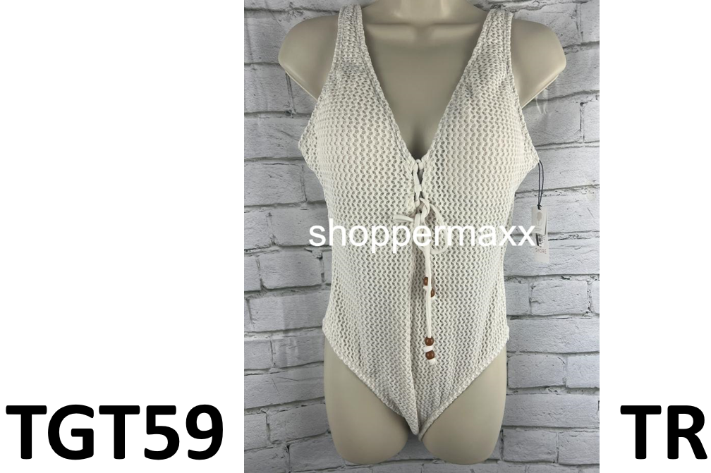 WOMEN'S CROCHET LACE-UP ONE PIECE SWIMSUIT - SHADE & SHORE, CREAM, MEDIUM
