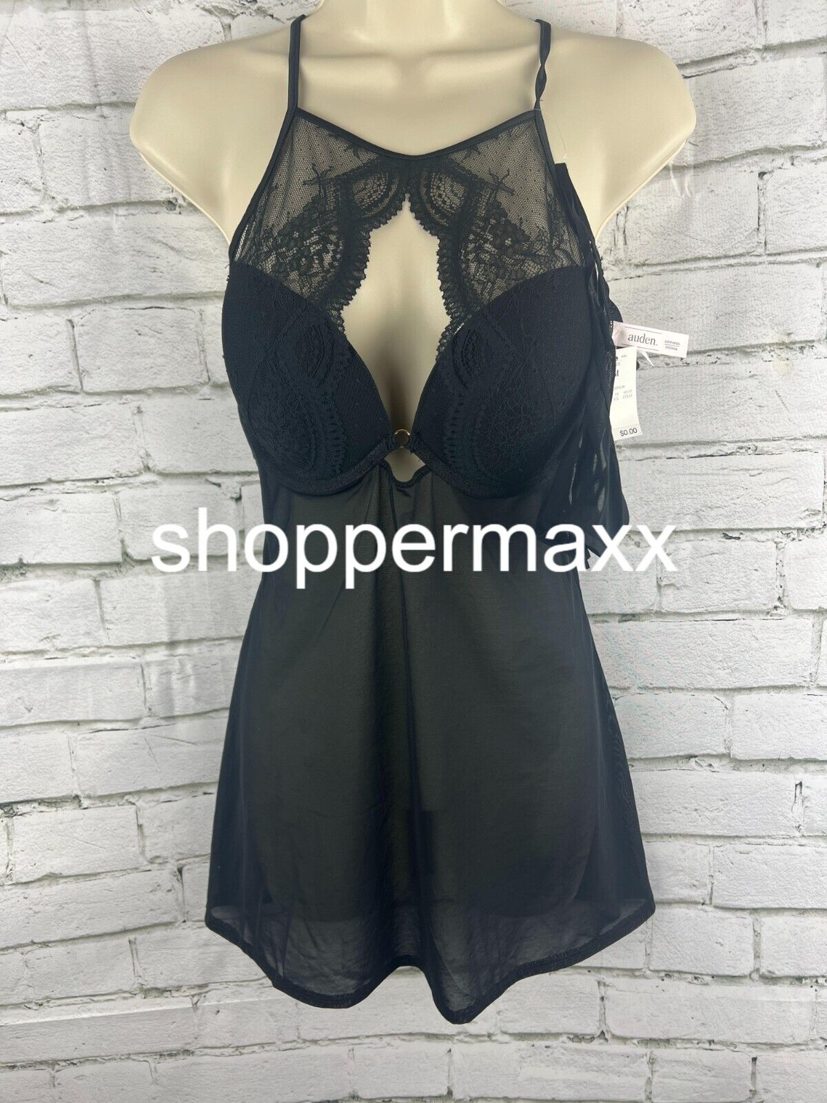 Auden High Neck Lacy 2 Piece Babydoll Lingerie Set, Black, Size Medium