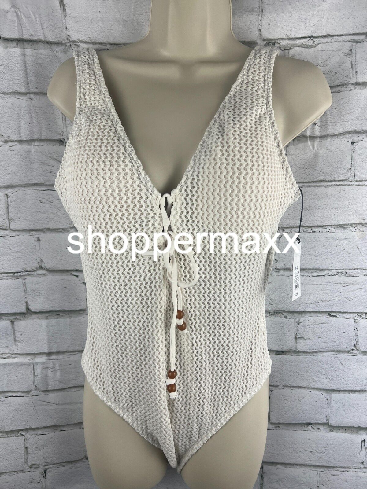 WOMEN'S CROCHET LACE-UP ONE PIECE SWIMSUIT - SHADE & SHORE, CREAM, MEDIUM