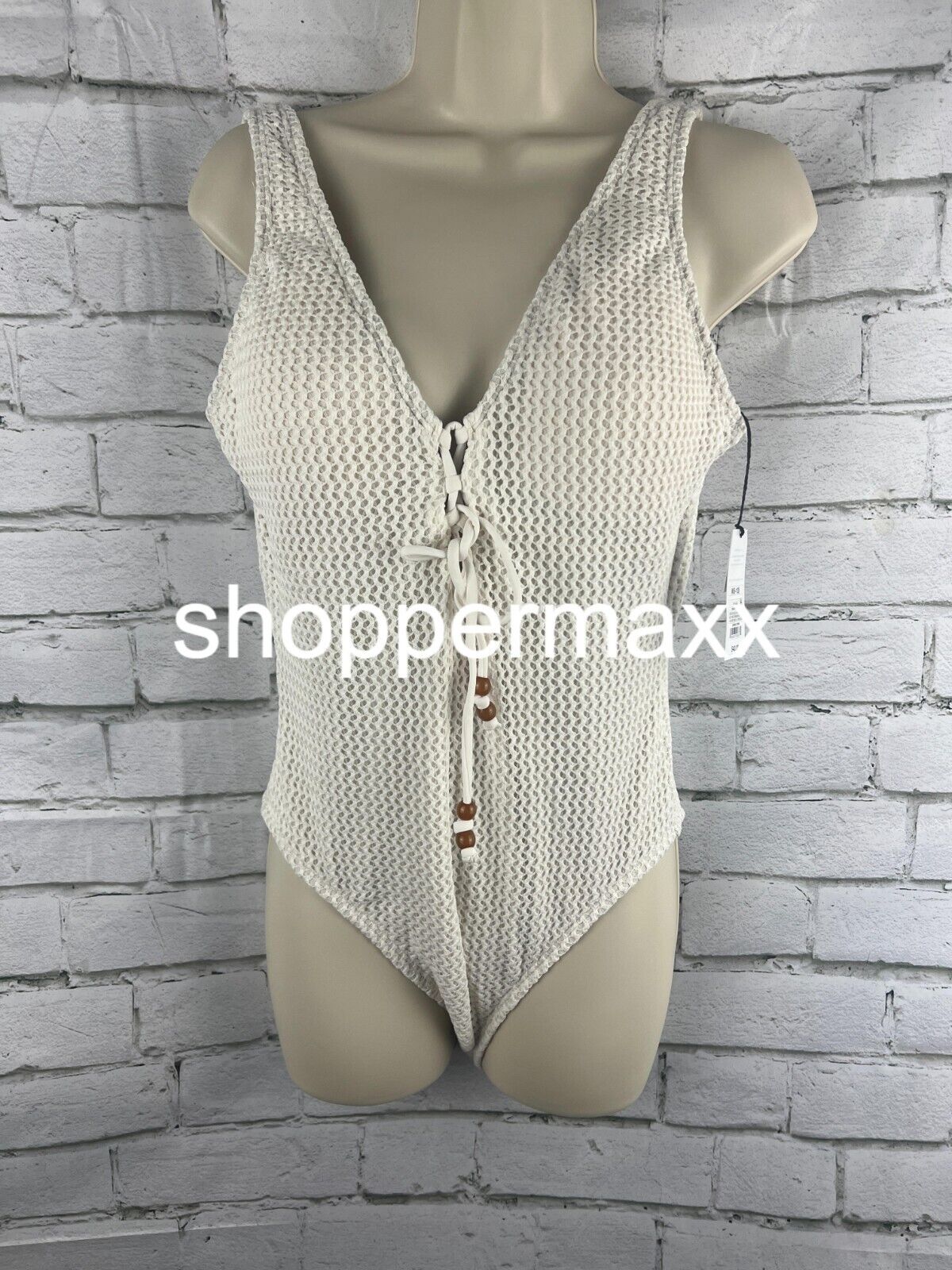WOMEN'S CROCHET LACE-UP ONE PIECE SWIMSUIT - SHADE & SHORE, CREAM, MEDIUM