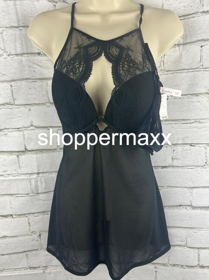 Auden High Neck Lacy 2 Piece Babydoll Lingerie Set, Black, Size Medium