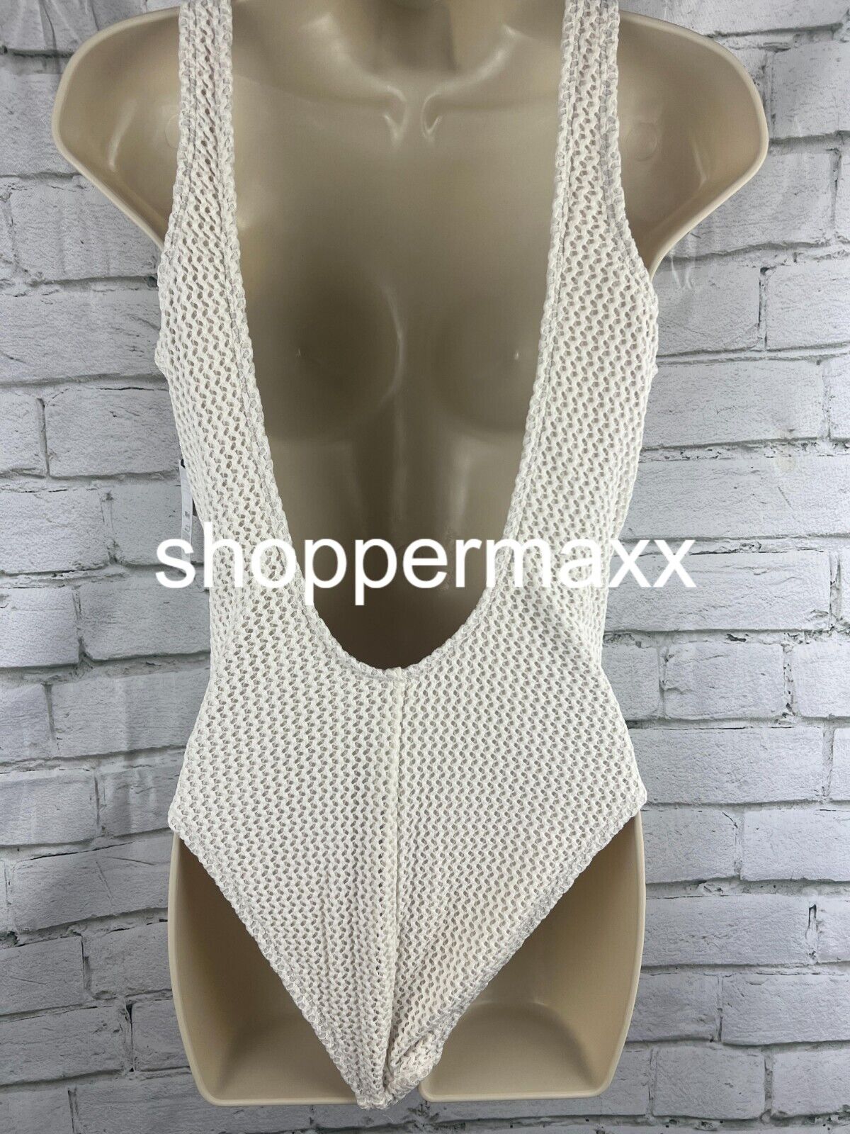 WOMEN'S CROCHET LACE-UP ONE PIECE SWIMSUIT - SHADE & SHORE, CREAM, MEDIUM