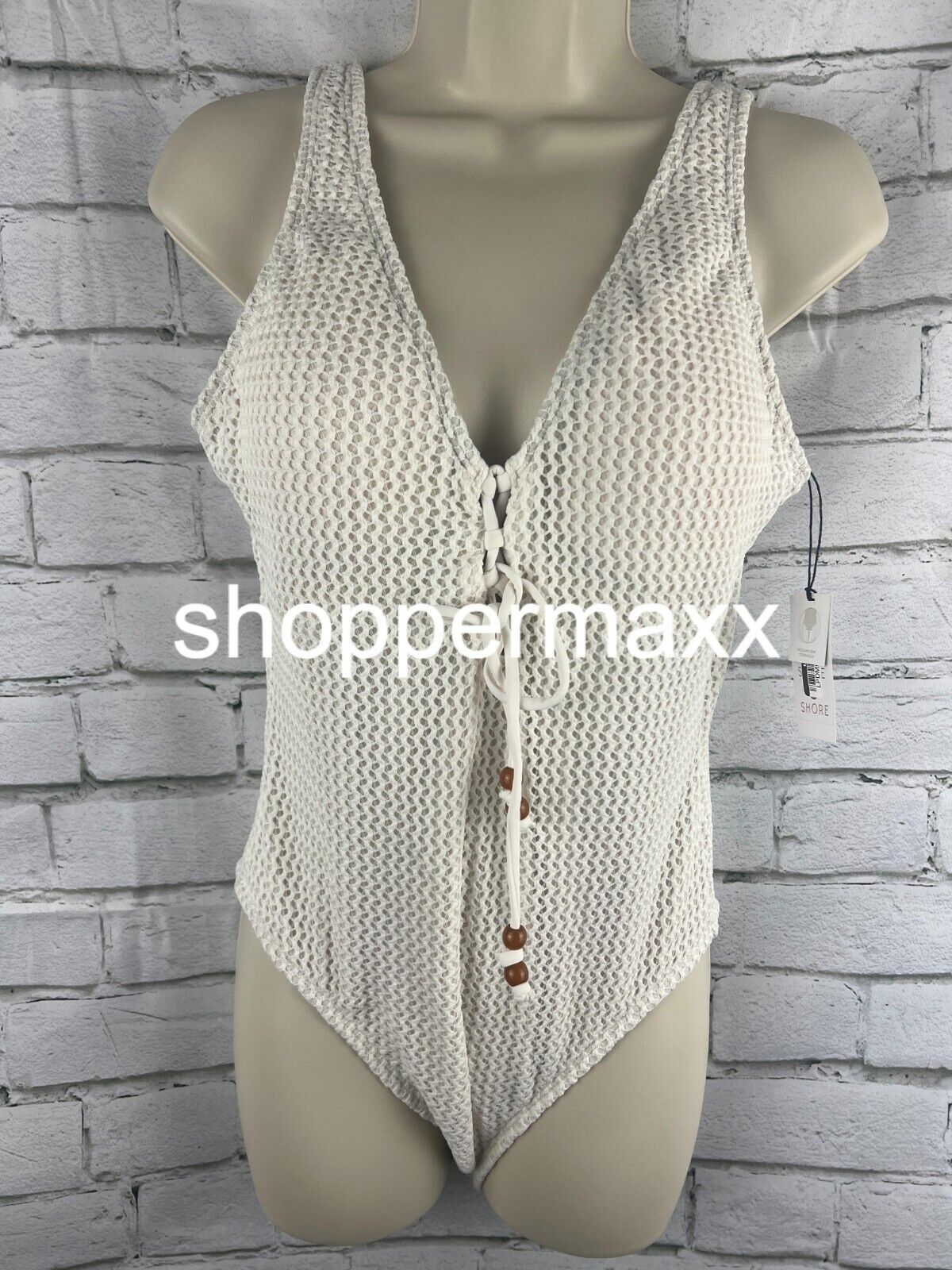 WOMEN'S CROCHET LACE-UP ONE PIECE SWIMSUIT - SHADE & SHORE, CREAM, MEDIUM