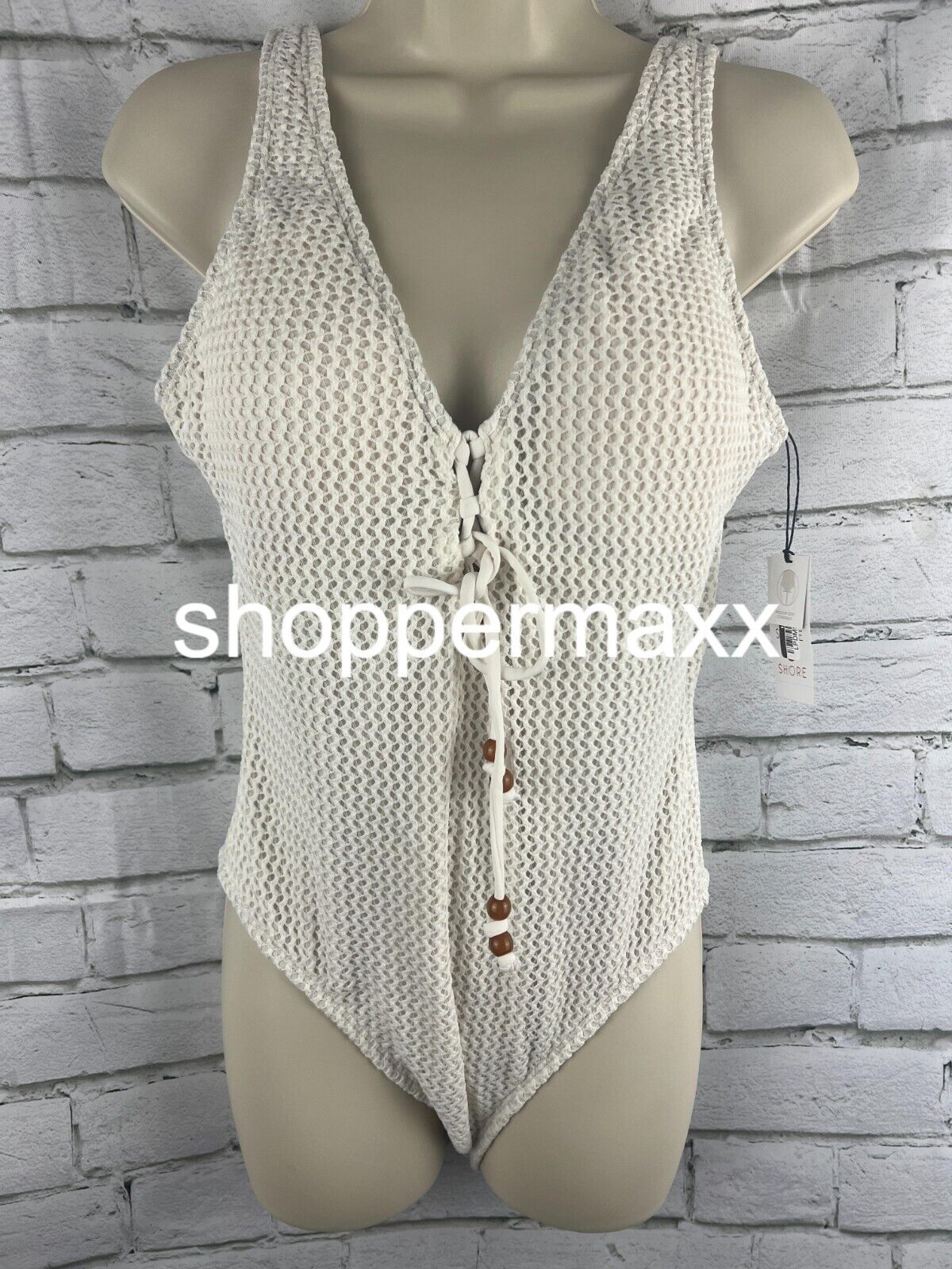 WOMEN'S CROCHET LACE-UP ONE PIECE SWIMSUIT - SHADE & SHORE, CREAM, MEDIUM