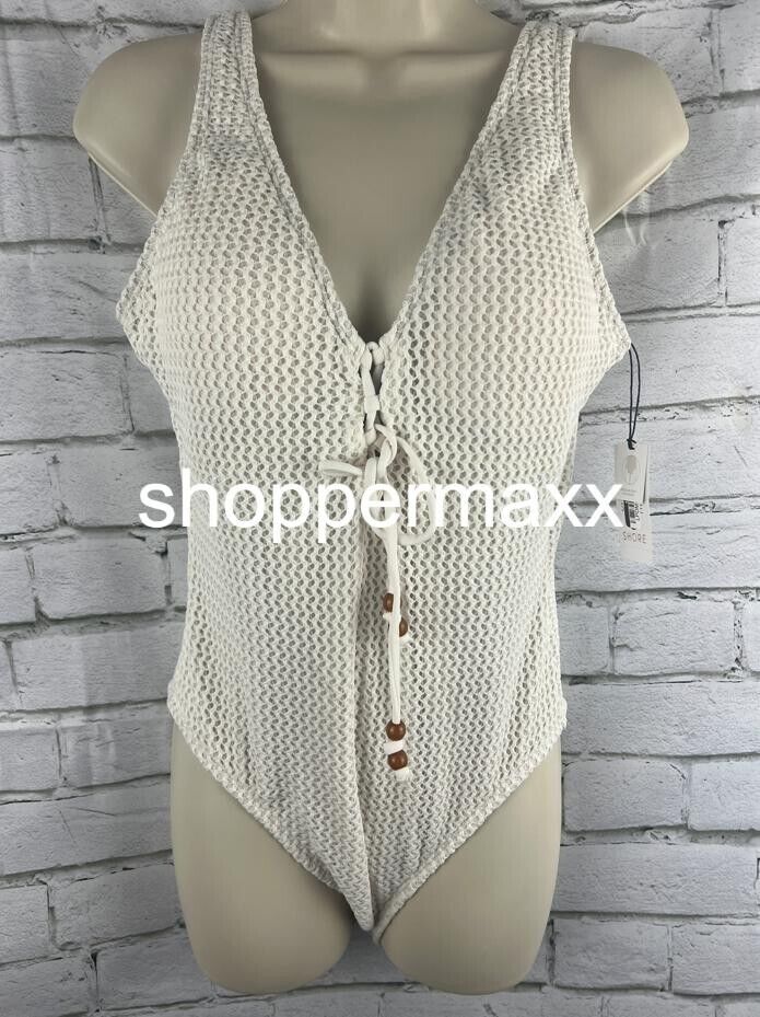 WOMEN'S CROCHET LACE-UP ONE PIECE SWIMSUIT - SHADE & SHORE, CREAM, MEDIUM