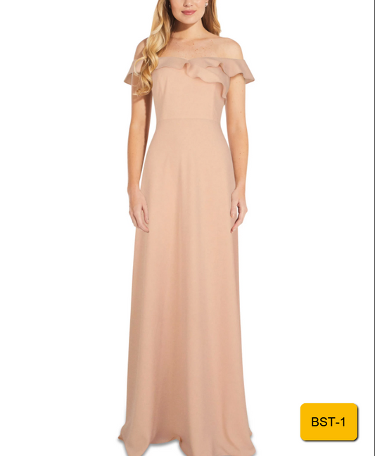 Adrianna Papell Ruffled Off-The-Shoulder Gown Women's Dress Blush US16 $139