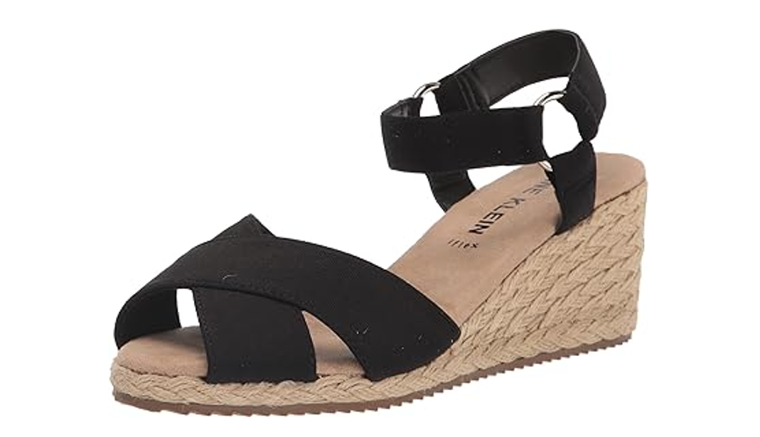 Anne Klein Women's Ellis Wedge Sandal, Black Stretch, 6