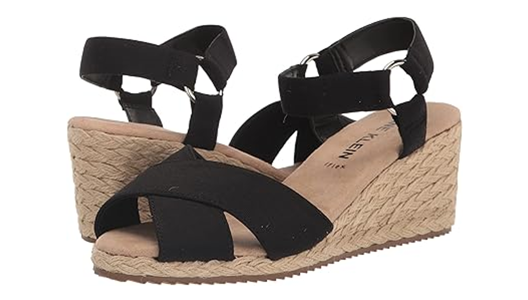 Anne Klein Women's Ellis Wedge Sandal, Black Stretch, 6