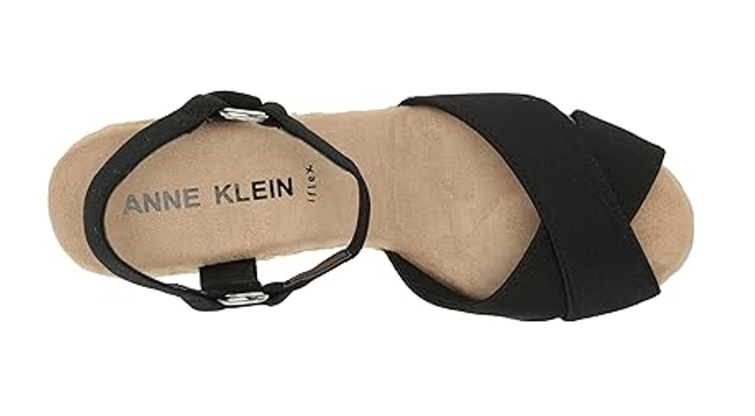 Anne Klein Women's Ellis Wedge Sandal, Black Stretch, 6