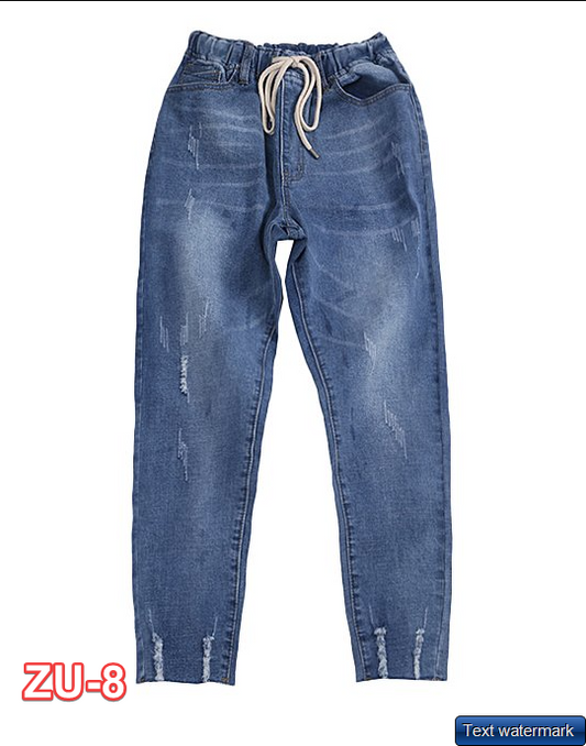 Aslea Rovie | Blue Distressed Tapered Pocket Drawstring Jeans - Women Small