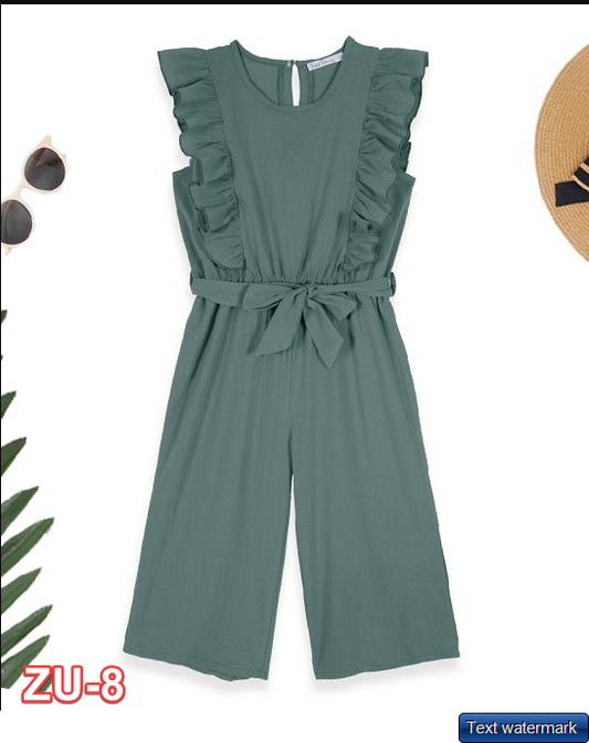 Trend Blossoms | Dusty Turquoise Ruffle-Accent Tie-Waist Jumpsuit - Girls 16