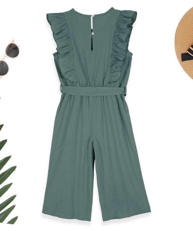 Trend Blossoms | Dusty Turquoise Ruffle-Accent Tie-Waist Jumpsuit - Girls 16