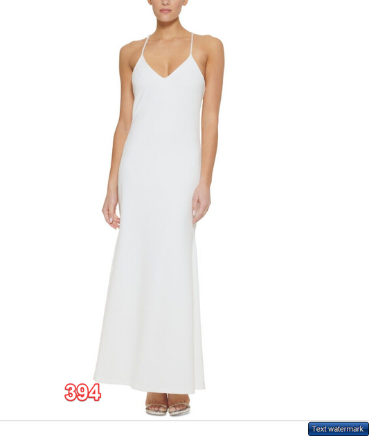 DKNY Women's Ivory V-Neck Beaded Spaghetti Straps Mermaid Maxi Gown Dress SZ 8