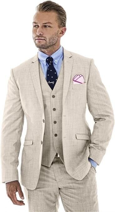 Wudli Mens Retro Beige Linen Suit for Men Casual Beach Wedding Suit Prom Suit, M