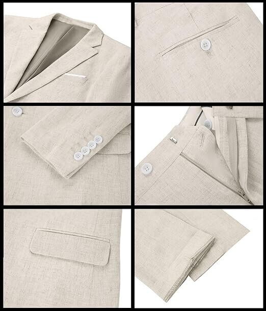 Wudli Mens Retro Beige Linen Suit for Men Casual Beach Wedding Suit Prom Suit, M