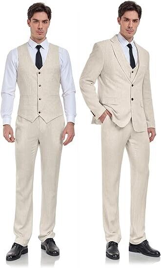 Wudli Mens Retro Beige Linen Suit for Men Casual Beach Wedding Suit Prom Suit, M
