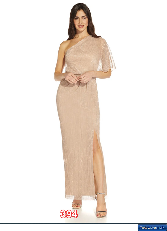 ADRIANNA PAPELL Metallic One-Shoulder Gown Metallic Mesh Brown Size 8